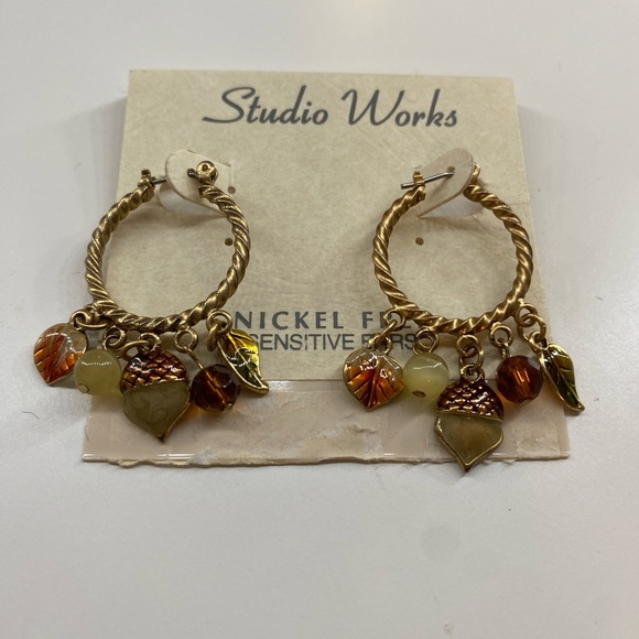 Studio Works Gold Tone and Orange Fall Leaves Hoop Earrings Nickel Free - Picture 2 of 5